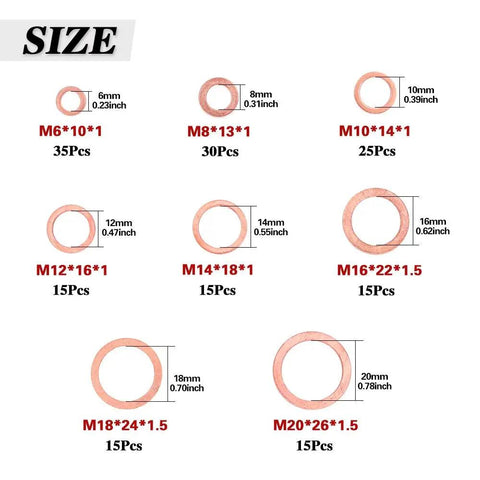 Copper Metric Sealing Washer Set, 165 Pcs, 8 Sizes Flat Washers Kit for Electrical Connections including M6 to M20