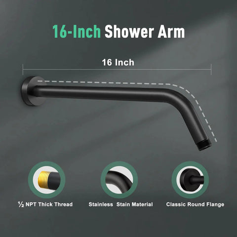 Matte Black Wall Mounted Rain Shower System With 9 Inch Rain Shower Head, Three-Way Shower Set, Single-Handle Trim Kit And Rough-In Valve For Easy Bathroom Remodel showing 16-inch shower arm with black finish