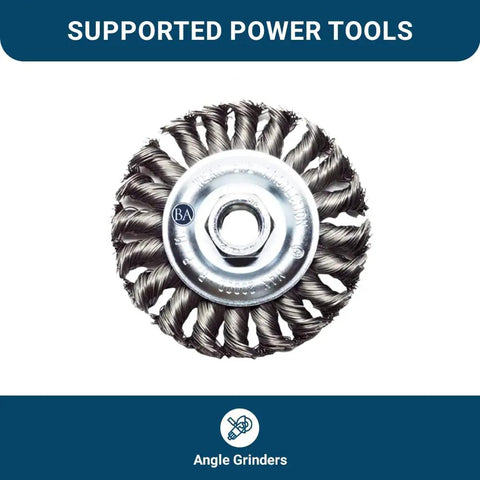 4 Inch Twist Knot Wire Wheel for Angle Grinder With 5/8-11 Thread, shown front view, pro grade deburring attachment for metal