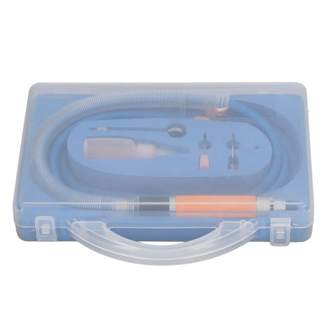 Lightweight Pneumatic Grinding Pen Straight Handle in a clear storage case with tools and accessories for engraving and cutting.