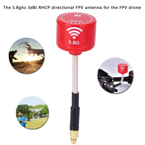 High Gain 5.8GHz RHCP Antenna Tube for FPV Racing Drones MMCX Straight, shown with visuals of drone use