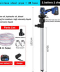21V Battery Operated Electric Fuel Transfer Pump For Diesel Kerosene Water showing stainless steel pipe and 4m hose setup.