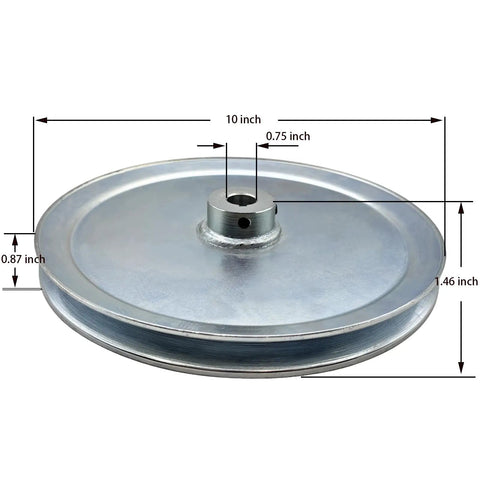 10 Inch Single Groove V Belt Pulley Three Quarter Inch Bore Carbon Steel Zinc Plated Motor Drive Pulley For A B 5L 4L V Belts Beefed Up Industrial Belt Drive System shown with dimensions