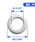 Front view of flat washer SAE #10, 0.5 in outer diameter, 0.219 in inner diameter, 304 stainless steel