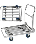 Heavy Duty Foldable Platform Truck Cart With Spacious Steel Flatbed For Moving Bulky Furniture Hauling Yard Gear And Warehouse Freight With Zero Sweat, shown in folding position.