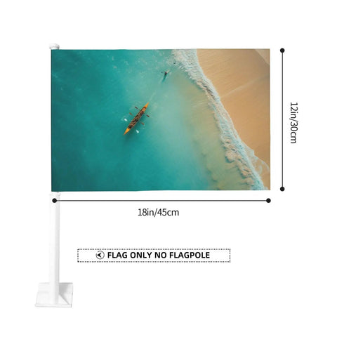 Rowing Team Car Flag 12x18 Inch Double Sided Outdoor Window Clip Flag Ocean Sea Landscape showing beach and rowing boat