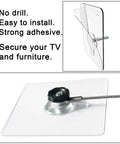 Heavy Duty Stainless Steel No Drill Furniture Straps to Securely Anchor Bookshelves and TVs Against Tipping for Toddler Safety without Damaging Walls Featuring Rock Solid Adhesive Backing Plus Quick Setup mounting adhesive plate with strap attached.
