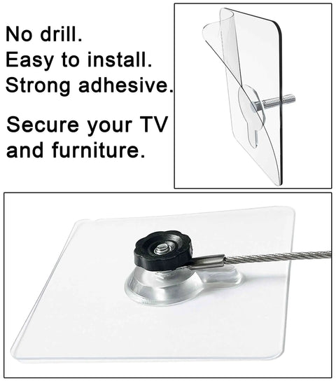 Heavy Duty Stainless Steel No Drill Furniture Straps to Securely Anchor Bookshelves and TVs Against Tipping for Toddler Safety without Damaging Walls Featuring Rock Solid Adhesive Backing Plus Quick Setup mounting adhesive plate with strap attached.