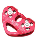Red Dual Tandem Zip Line Pulley System with Speed Trolley and Oval Carabiner Ball Bearing Smooth Rotation on Steel Cable or Rope.