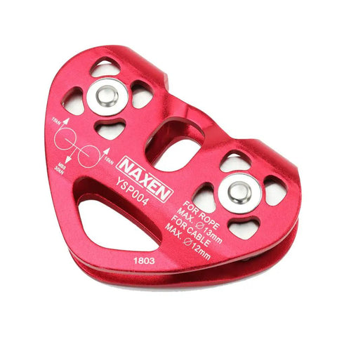 Red Dual Tandem Zip Line Pulley System with Speed Trolley and Oval Carabiner Ball Bearing Smooth Rotation on Steel Cable or Rope.