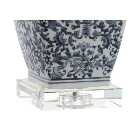 Base of Blue And White Ceramic LED Table Lamp With Chinoiserie Hand Painted Pattern, crystal base detail, 28 inches tall