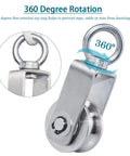 Stainless Steel Swivel Cable Pulley Wheel Set With Heavy Duty Bearings for Quiet Smooth Rotation showing 360 degree feature