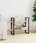 Industrial 2 Tier Book Cabinet With Solid Pine Wood And Metal Frame Open Storage Display Shelf Organizer For Living Room And Home Office Brown Finish Unit in a living room setting.