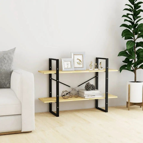 Industrial 2 Tier Book Cabinet With Solid Pine Wood And Metal Frame Open Storage Display Shelf Organizer For Living Room And Home Office Brown Finish Unit in a living room setting.