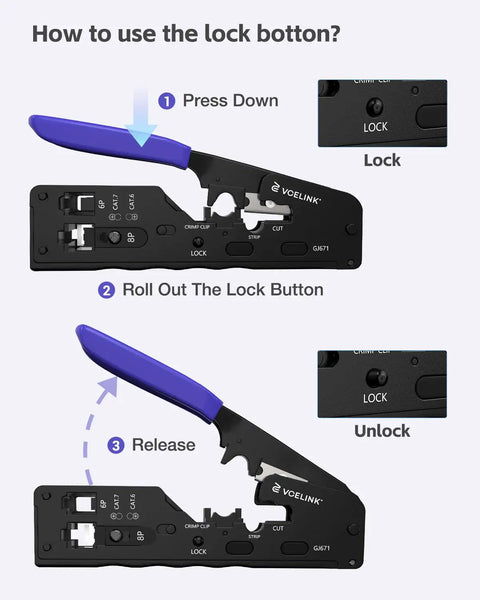 Instructions for using lock button feature on RJ45 Crimp Tool That Does It All All In One Pass Through Ethernet Crimper.