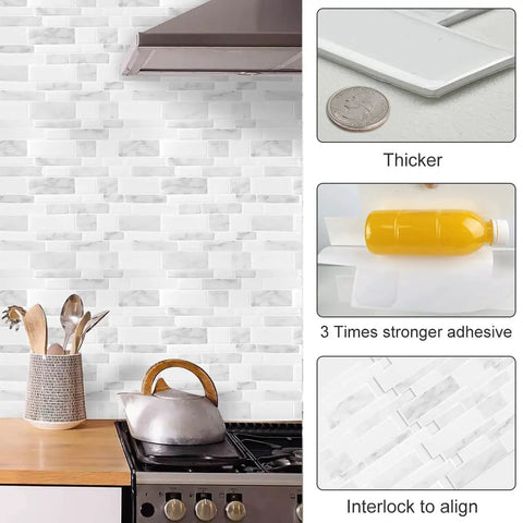 Marble Peel And Stick Backsplash For Kitchen, Thick Self Adhesive Wall Tiles You Can Stick On, No Grout Needed, Marble Look Decorative Tiles, 10 Sheets 12x12 Inches, Upgraded 2-3X Thickness And 5X Stronger Adhesive