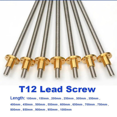 T12 Threaded Trapezoidal Lead Screw 12mm Diameter, 4mm Lead And 2mm Pitch, Stainless Steel With Copper Nut For 3D Printers And Linear Motion Tables, Lengths From 100mm To 1000mm, Durable DIY Motor Screw. Stainless steel T12 lead screws with copper nuts