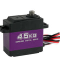 Heavy Duty Forty Five Kilogram Digital Servo With Coreless Motor And Metal Gears For Knockout Torque And 180 To 360 Degree Rotation On One Eight And One Ten Scale Rc Crawlers And Buggies, showing compact design with purple casing.