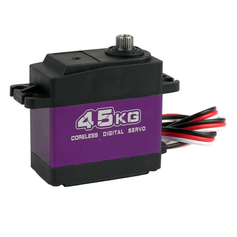 Heavy Duty Forty Five Kilogram Digital Servo With Coreless Motor And Metal Gears For Knockout Torque And 180 To 360 Degree Rotation On One Eight And One Ten Scale Rc Crawlers And Buggies, showing compact design with purple casing.