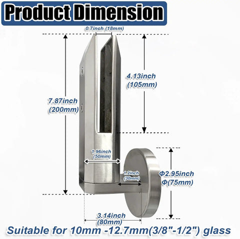 Product dimensions of Easy Install Side Mount Glass Clamps No Sweat Setup Heavy Duty 304 Stainless Steel Spigots for 10 to 12 7Mm glass.