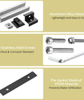 Components of Solar Panel Mounting Kit for Four Panels With 4.72 Inch Rails in Black and Silver, screws, gasket, and clamps shown