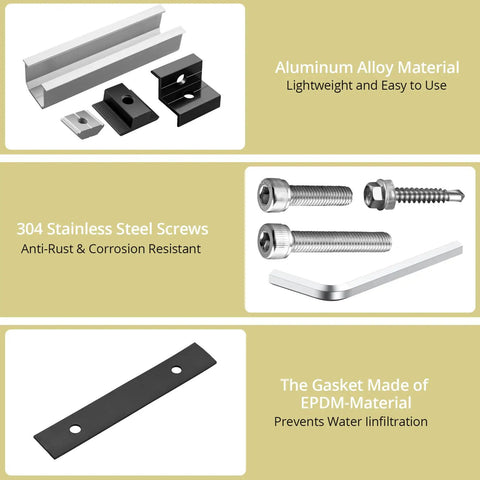 Components of Solar Panel Mounting Kit for Four Panels With 4.72 Inch Rails in Black and Silver, screws, gasket, and clamps shown