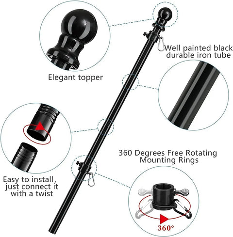 All In One Outdoor Flag Kit With 5ft Heavy Duty Flag Pole Holder 3x5 Embroidered American Flag Stainless Steel Pole Wall Mount Bracket Tangle Free Rotating Rings Easy Porch Garage Yard Display showing black pole details and mount.