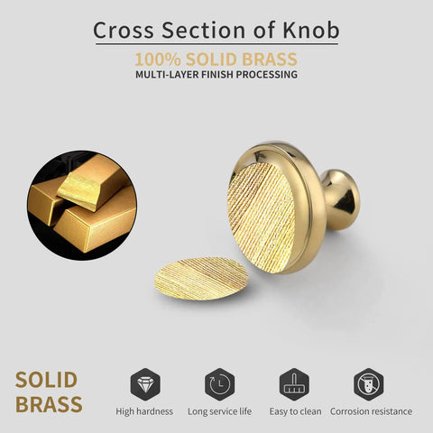 Cross section of Five Pack Slick Polished Brass Cabinet Knobs 1.23 Inch Round Gold Drawer Pulls For Kitchen