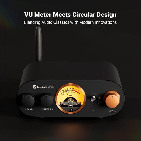 MC101 Bluetooth Stereo Amplifier With VU Meter And Bass Treble Tone Control Dope Vintage Aluminum Mini HiFi Receiver For Passive Speakers 2 Channel Home Audio Amplifier With Retro Style Power Amp, front view