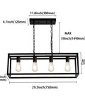 Modern Rectangle Black 4 Light Pendant for Dining Room and Kitchen Island Lighting Fixture with Adjustable Height Chains, dimensions labeled.