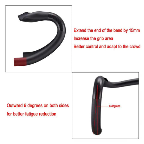 Ultra Light 31.8mm Carbon Road Bike Handlebar 400mm Wide Internal Routing 3K Matte Black Drop 127mm Reach 104mm T700 Fiber Lightweight demonstrating handlebar bend and angle adjustments for improved control and comfort.