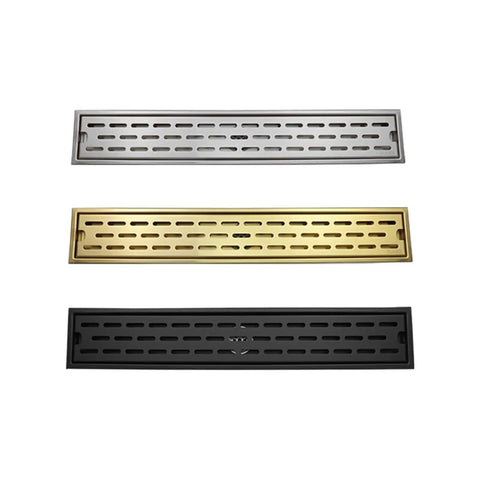 Smooth Operator Brushed Gold Invisible Floor Drain For Bath And Shower 60Cm Square Cover in black, gold, and silver finishes.