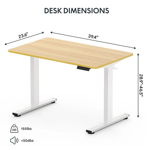 One Piece Standing Desk With Electric Height Adjustment For Sit Stand Comfort, 40 By 24 Inches, Seamless Maple Desktop On White Frame, Quiet Motor, Roomy Computer Workstation For Home Office