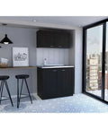 Top Shelf Two Part Cabinet Set In Black Engineered Wood Built Tough With Smooth Modern Lines in home office setting.