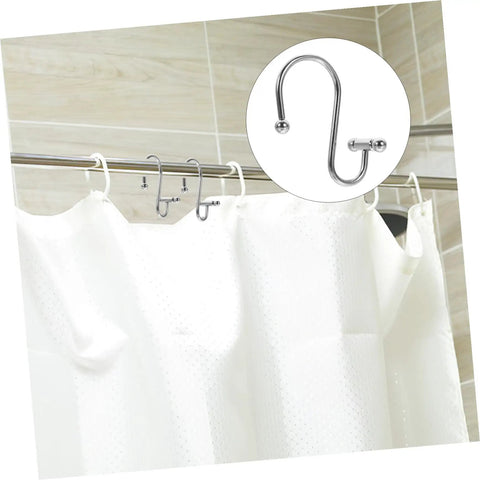 12 Piece Rust Resistant Shower Curtain Hooks Curved Rings for Bathroom and Window Curtains in silver finish shown on shower rod.