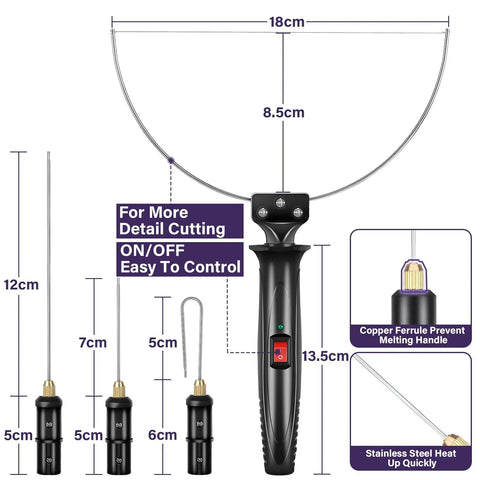 4 In 1 Foam Cutter Set With 18W High Power Electric Styrofoam Cutter Kit showing 12cm, 7cm, 5cm knives and 18cm bow blade