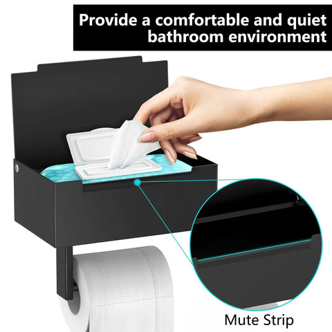 Matte Black Stainless Steel Toilet Paper Holder With Shelf And Wipes Dispenser For Bathroom Wall Mount Large Capacity Storage
