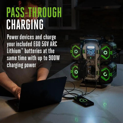 Gasless 1400W Portable Power Station With Two 56V 6Ah Batteries And Charger, Pure Sine Inverter For Home And Outdoor Use, Pass Through Fast Charging Powers Devices While Batteries Refill, showing charging setup with laptop and phone