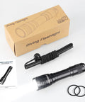 Beast Mode 3000 Lumen Dive Flashlight For Underwater Exploration Rechargeable Scuba Light with box, strap, and manual shown.
