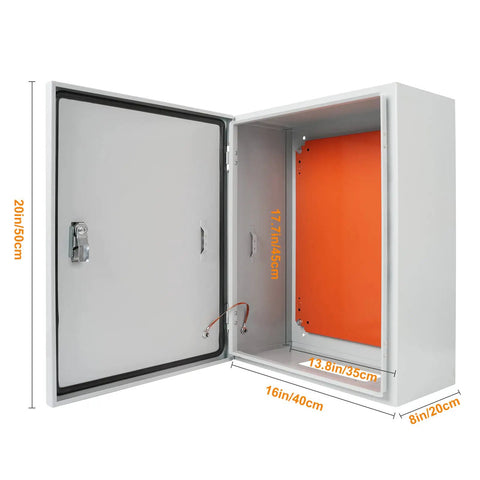 Built To Last Cold Rolled Steel Electrical Enclosure Box 20X16X8 Inch open view showing dimensions and interior layout.