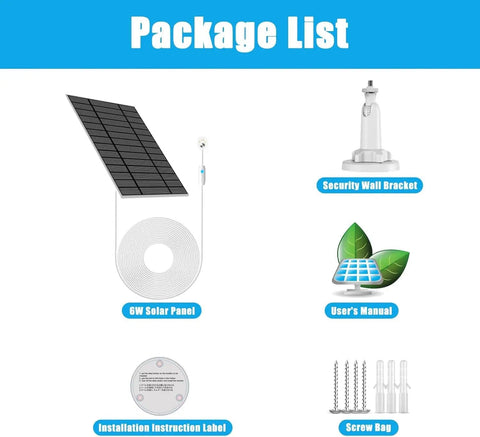 Package contents showing 6W Solar Panel Charger For Google Nest Camera Outdoor And Indoor Battery Version With accessories