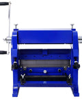 Front view of Beast 3 In 1 Sheet Metal Bender, Shear, And Slip Roll Machine, 12 inch wide, 20 gauge capacity, blue workshop tool.