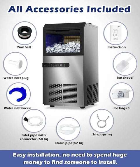 High Efficiency Under Counter Ice Maker, 120 Lbs Per Day, Stainless Steel, 45 Ice Cubes Per Cycle, accessories included