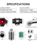 Product specifications for Six Inch Inline Fan Kit With Speed Controller And Carbon Filter For Grow Tent Ventilation, 390 CFM, 8 Ft Ducting