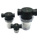 Three sizes of High Flow Vacuum Pump Filter Pro Grade For Large Air Intake, 3/4 Inch Thread, Transparent Bowl visible.