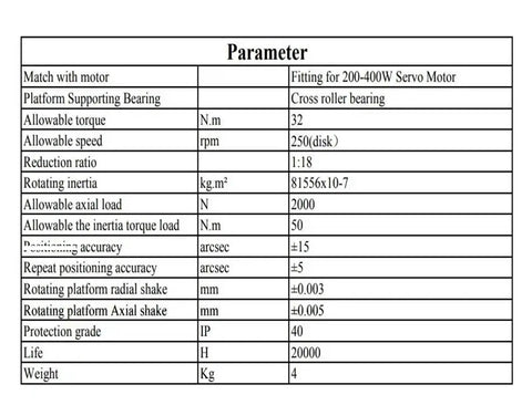 Heavy Duty Hollow Rotary Actuator With A 130mm Platform And Precision Gear Ratio 18 For Seamless 360 Degree Spin To Handle Industrial Builds Like A Boss Paired With 400W Servo Motors parameter specifications table.