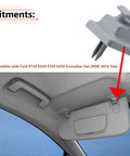 Gray sun visor clip retainer installed in a Ford E-Series Econoline van 2008-2014; compatible part shown with fitment details.