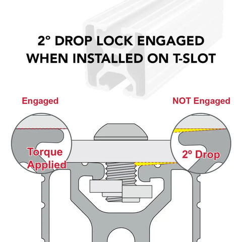 2° drop lock engaged on T-slot for Built Tough 1.5 By 1.5 Inch Clear Anodized Aluminum Extrusion 60 Inch Long.