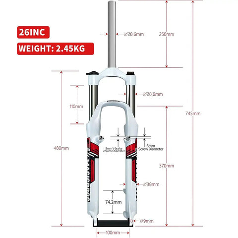 26 Inch Mountain Bike Suspension Fork With 100mm Travel Mechanical Lockout One And One Eighth Inch Straight Tube 9mm QR Disc And V Brake Compatible Dual Mount Lightweight Aluminum Black Blue, dimensions shown with measurements