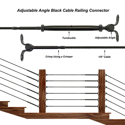 Rugged Cable Railing Kit For One Eighth Inch Cable System On Wood Posts With Stainless Steel Swage Toggle Turnbuckles 20 Pairs Easy Install Adjustable From 7.2 To 10 Inches And 0 To 180 Degree Angles with adjustable angle turnbuckles on stair railing.